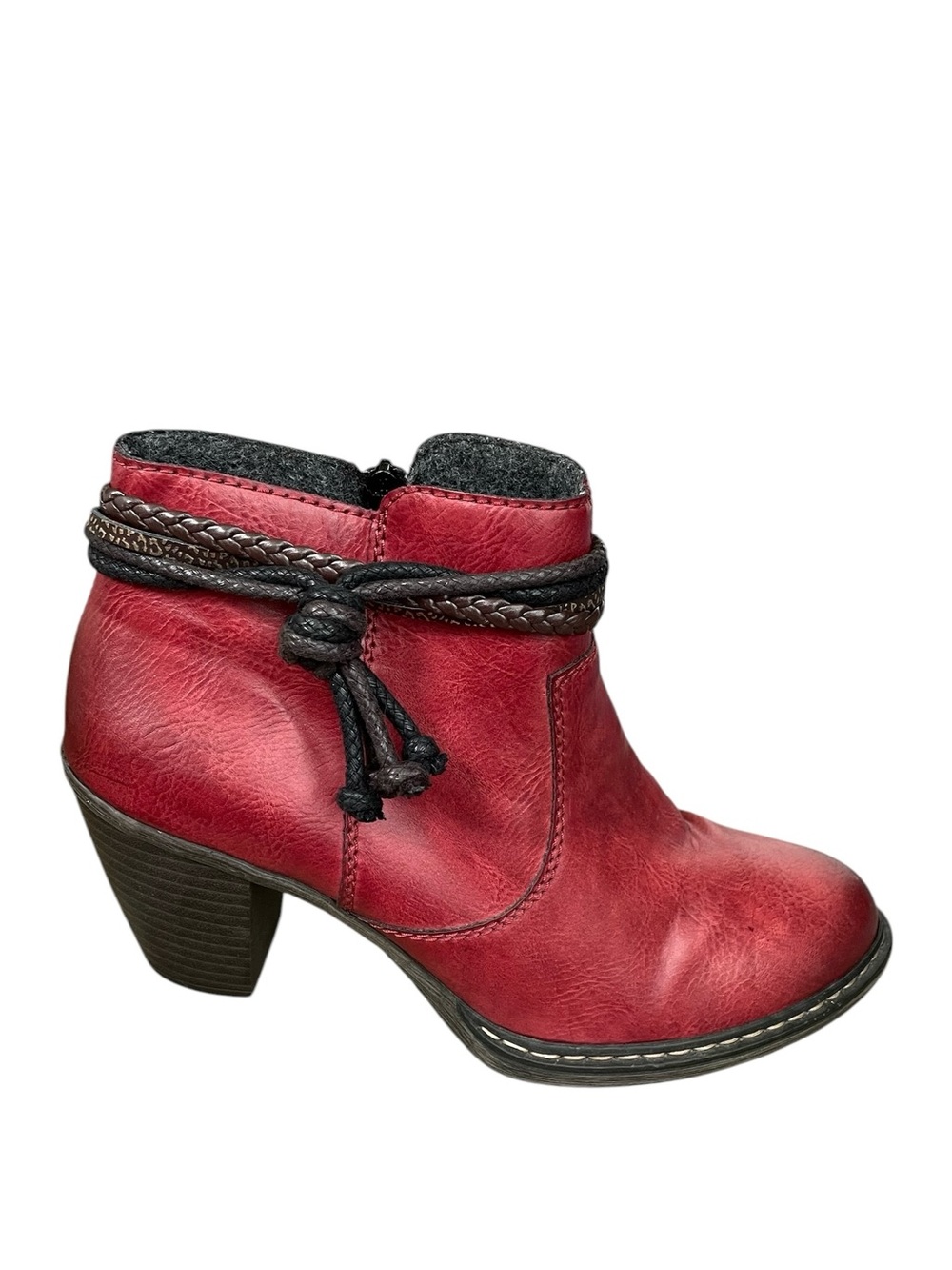 RIEKER Burgundy Red Leather Ankle Boot Braided Accent Size 39